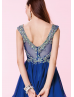 Royal Blue Chiffon Beaded Scoop Neckline V Back Knee Length Prom Dress